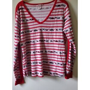 Victorias Secret Red Plaid Striped Waffle Knit T-shirt V Neck Size Large Cozy